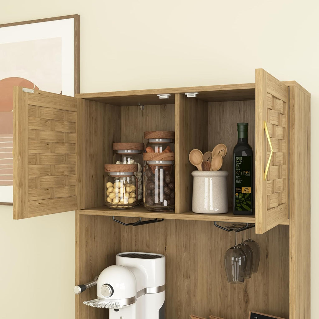 Kitchen Pantry Cabinet, Handmade Woven Wood Rustic Buffet Hutch Cabinet with Storage Drawer & Adjustable Shelf, Farmhouse Tall Cupboard Microwave Stand Coffee Bar for Kitchen, Dining Room, Living Room