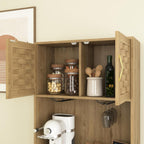 Kitchen Pantry Cabinet, Handmade Woven Wood Rustic Buffet Hutch Cabinet with Storage Drawer & Adjustable Shelf, Farmhouse Tall Cupboard Microwave Stand Coffee Bar for Kitchen, Dining Room, Living Room