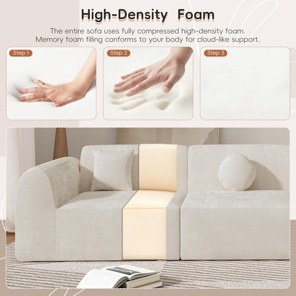 Merax 140" Curved Polyester Sectional Sofa Set, Modern Cloud Couch with Chaise Lounge & 3 Pillows, Fully Assembled for Living Room, Beige