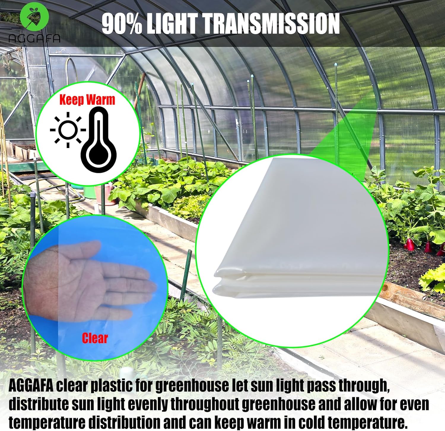 6 mil (10ft x 15ft) 100% Virgin Material. 5Layers Advanced Extrusion Technology for UV Protection, Anti-drip, Anti-Fog, Thermal and Strength. 4Years Lifetime UV Resistant Greenhouse Plastic