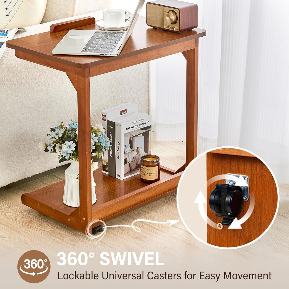 DUOMING Small Laptop Table with Wheels - Rolling Laptop Side Table Desk for Couch, Bedside Table Bedroom, Wooden TV Tray for Living Room, Teak
