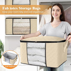 Fab totes 6 Pack Clothes Storage, Foldable Thick Fabric Blanket Storage Bags, Containers for Organizing Bedroom, Closet, Clothing, Comforter,Organization with Handle,Beige