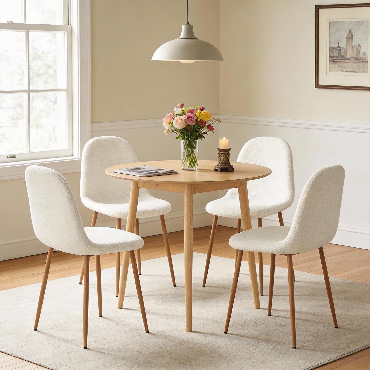 Small Dining Table Set for 4, Modern Round Dining Table with 4 Teddy Fleece Dining Chairs in Metal Legs, Easy Assembly for Compact Spaces - White