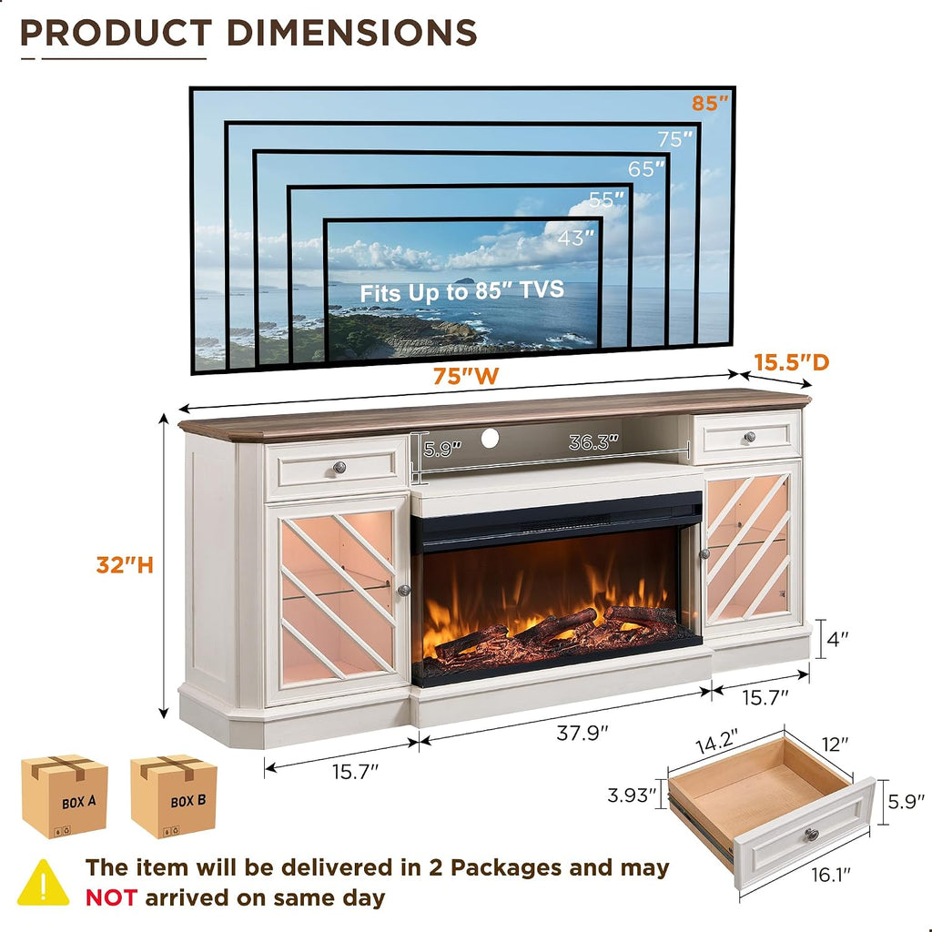 OKD 75 Inch 3-Sided Electric Fireplace TV Stand for TVs up to 85'',Modern Highboy Entertainment Center with 36" Fireplace & LED Lights,Widen Drawers and Glass Door Storage Cabinet, Antique White