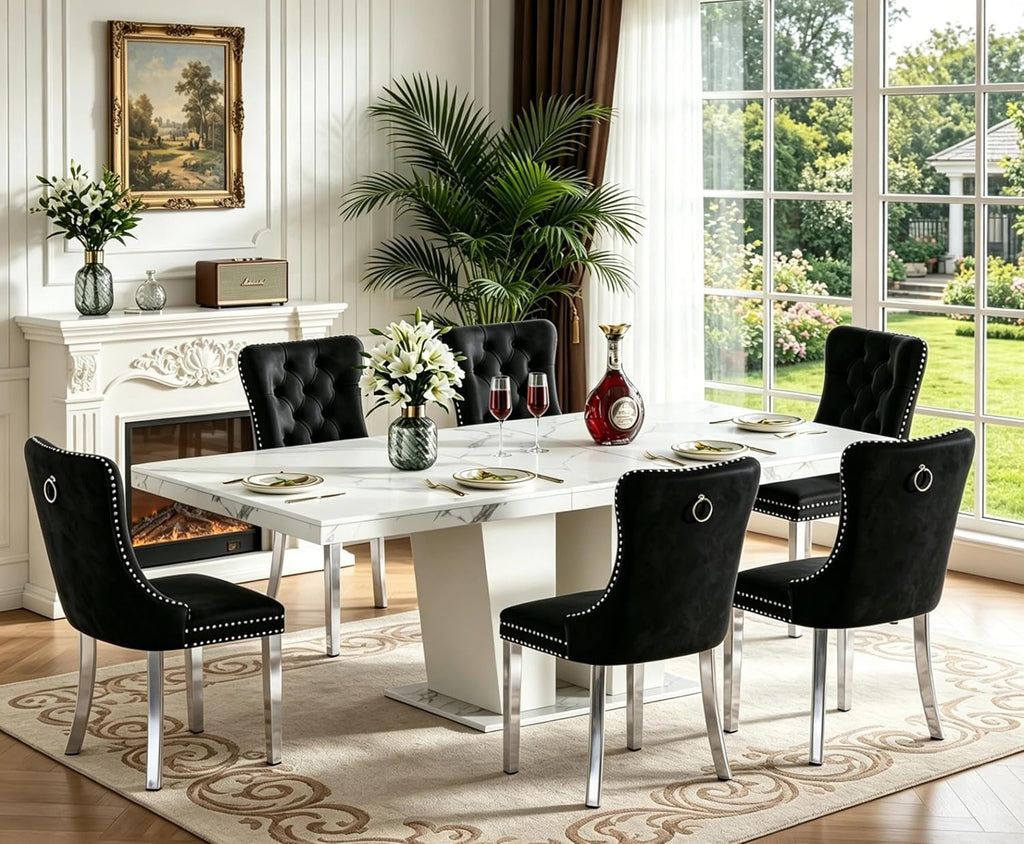 Faux Marble Extendable Dining Table Set for 6, Modern White Kitchen Table Set with 6 Black Tufted Chairs, 7 Piece Extendable Dining Table Set, 63"-78.7" Expandable Dining Table with Sturdy Base