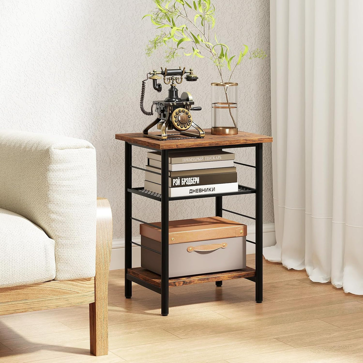 Giantex 3-Tier Side Table with Adjustable Mesh Shelf, Industrial Nightstand, Small End Table Stand for Living Room, Bedroom, Office, 12" D x 15" W x 20" H