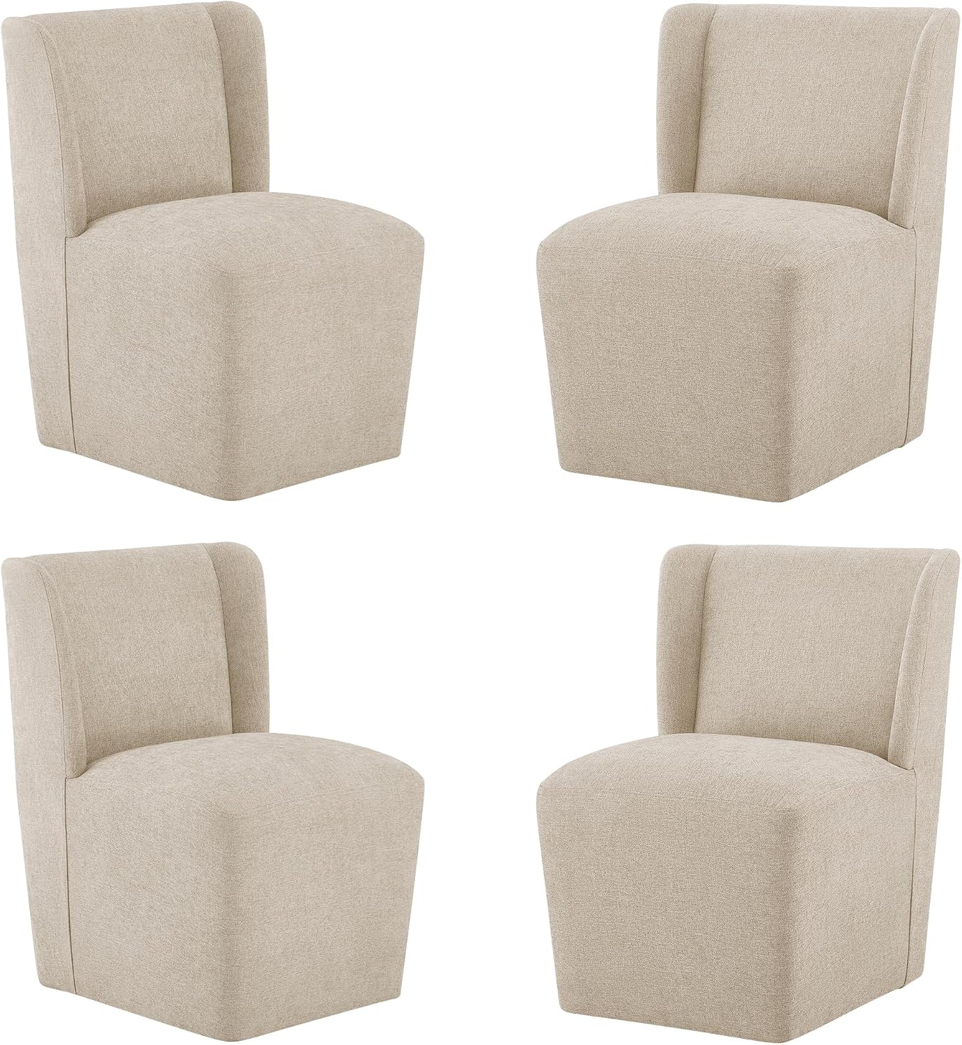 KISLOT Upholstered Dining Chairs Set of 4 with Casters, Sand | Wingback Modern Dining Room Chairs with Rollers, Armless Side Chair with Easy-clean Linen Look Fabric for Kitchen Dining Room