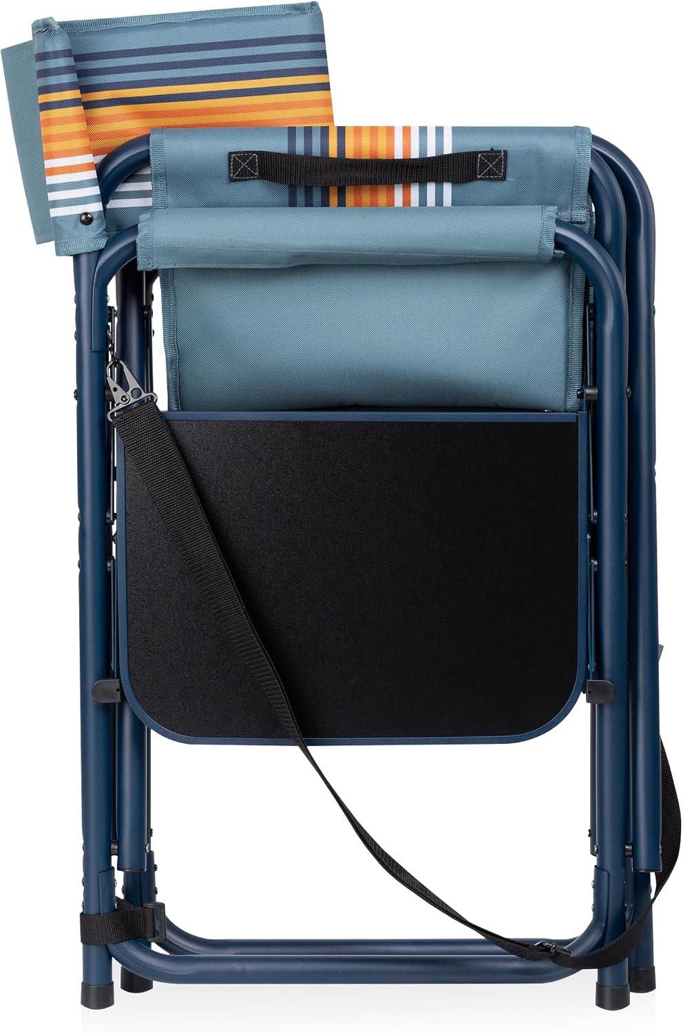 Picnic TIME Sports Chair with Side Table and Armrest Caddy, Lightweight Aluminum Folding Outdoor Camping Chair for Adults, Portable Director Style Lawn Seating, (Marine Stripe with Navy Blue Frame)