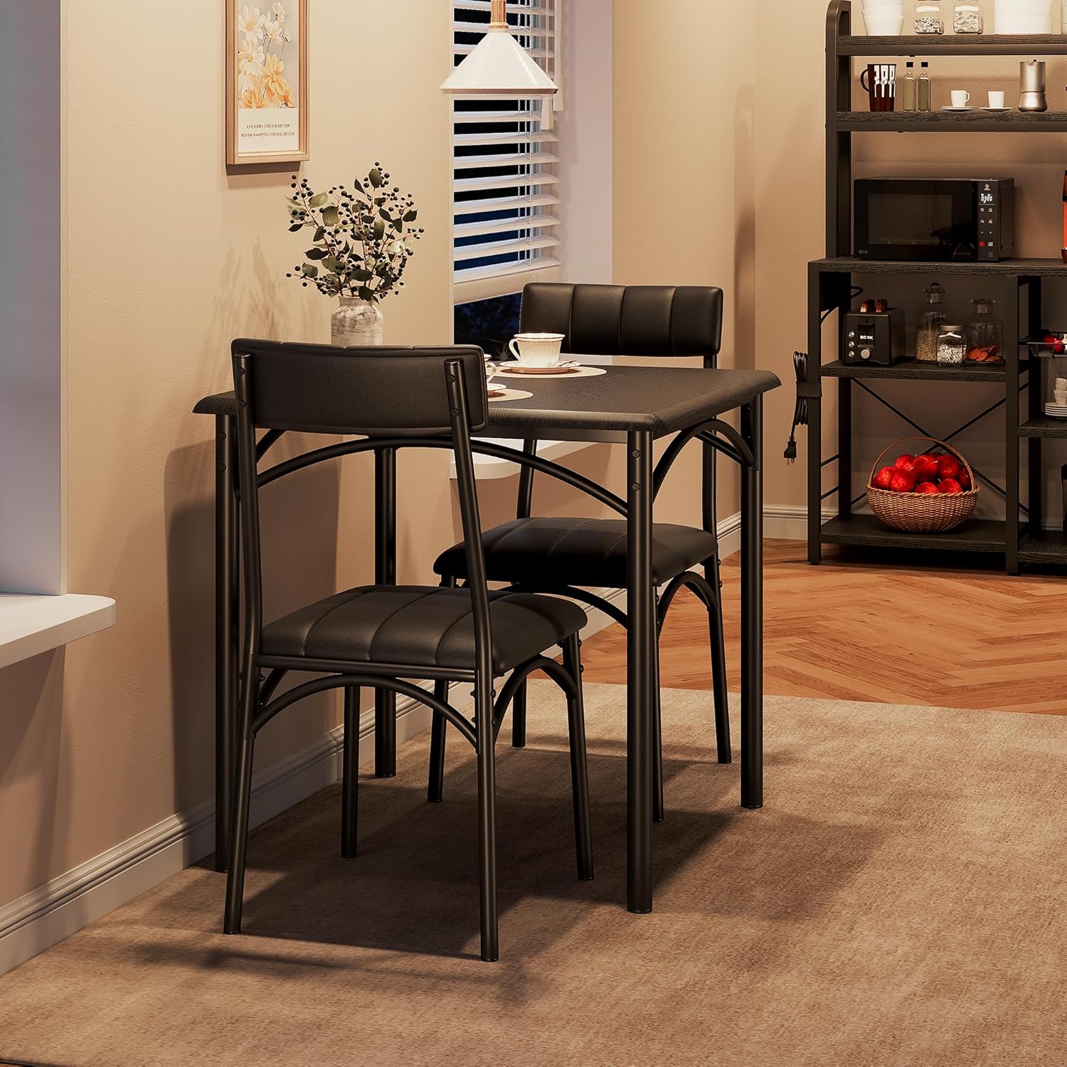 3-Piece Dining Table Set for 2, Kitchen Table Set with 2 Upholstered Chairs, Square Dining Table Set for Apartment, Studio, Small Space, Black