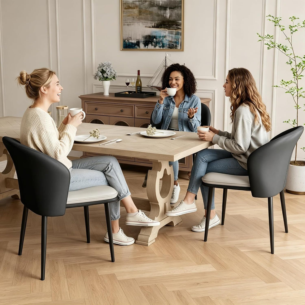Faux Leather Dining Chairs Set of 4, Curved Back Upholstered Accent Chair, Modern Kitchen Side Chair with Metal Legs for Dining Room, Living Room, Bedroom, Black