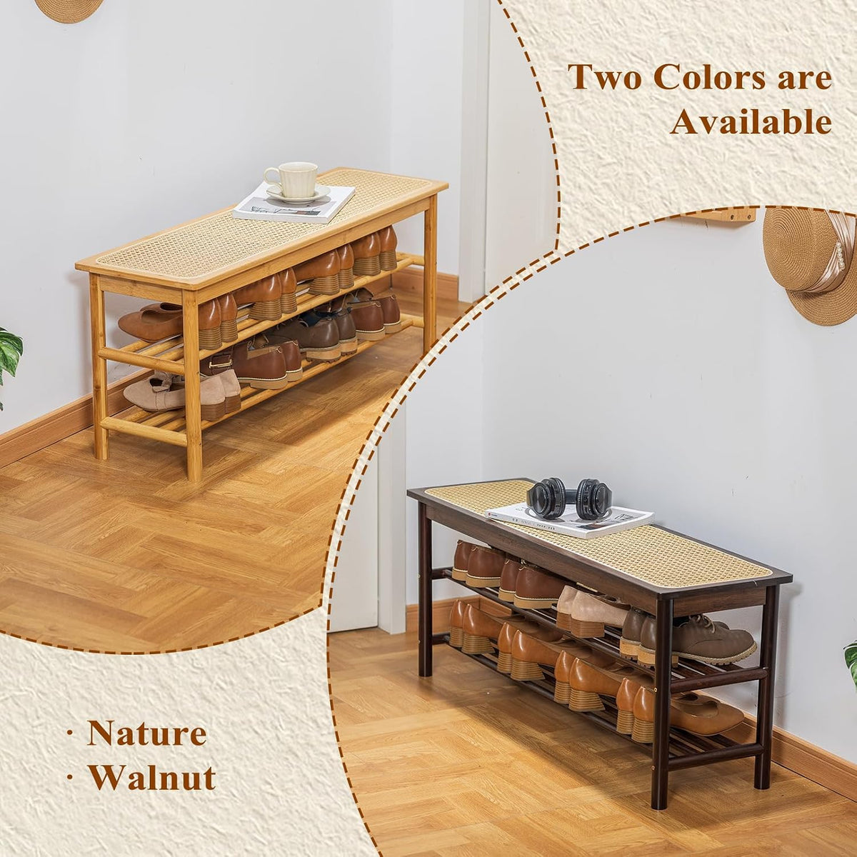 Bamboo Entryway Bench with Woven Rattan Seat, 2-Tier Shoe Storage Bench for Hallway & Entryway 39.4 inches Walnut
