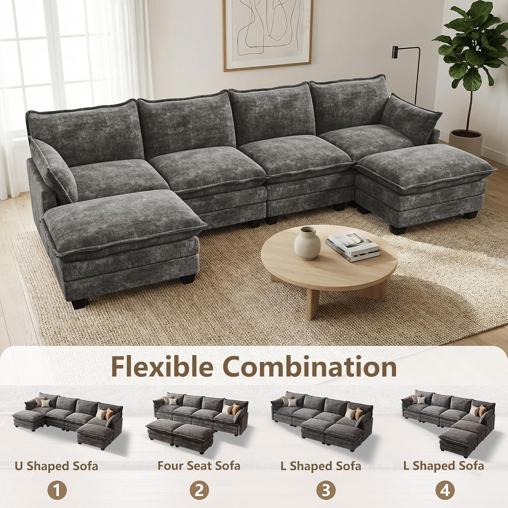 Modular Sectional Couch for Living Room, U Shaped Comfy Sofa | Comfortable Foam Cushions, Sturdy Frame, Appealing Look, Easy Assembly, Soft Chenille Fabric, Movable Ottoman, Dark Gray