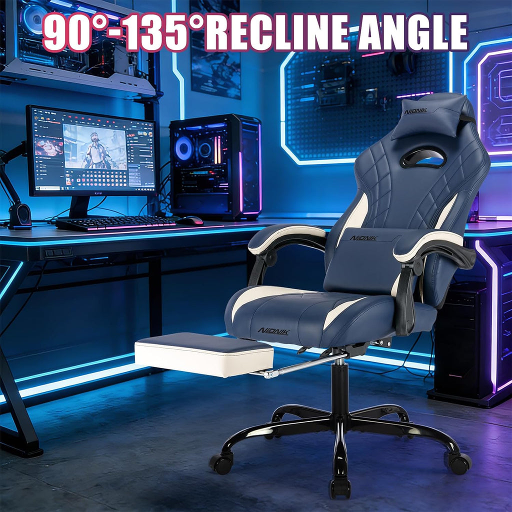 Gaming Chair with Footrest and Massage Lumbar Support, Ergonomic Computer Gamer Chair, Office Video Game Chairs (Blue)