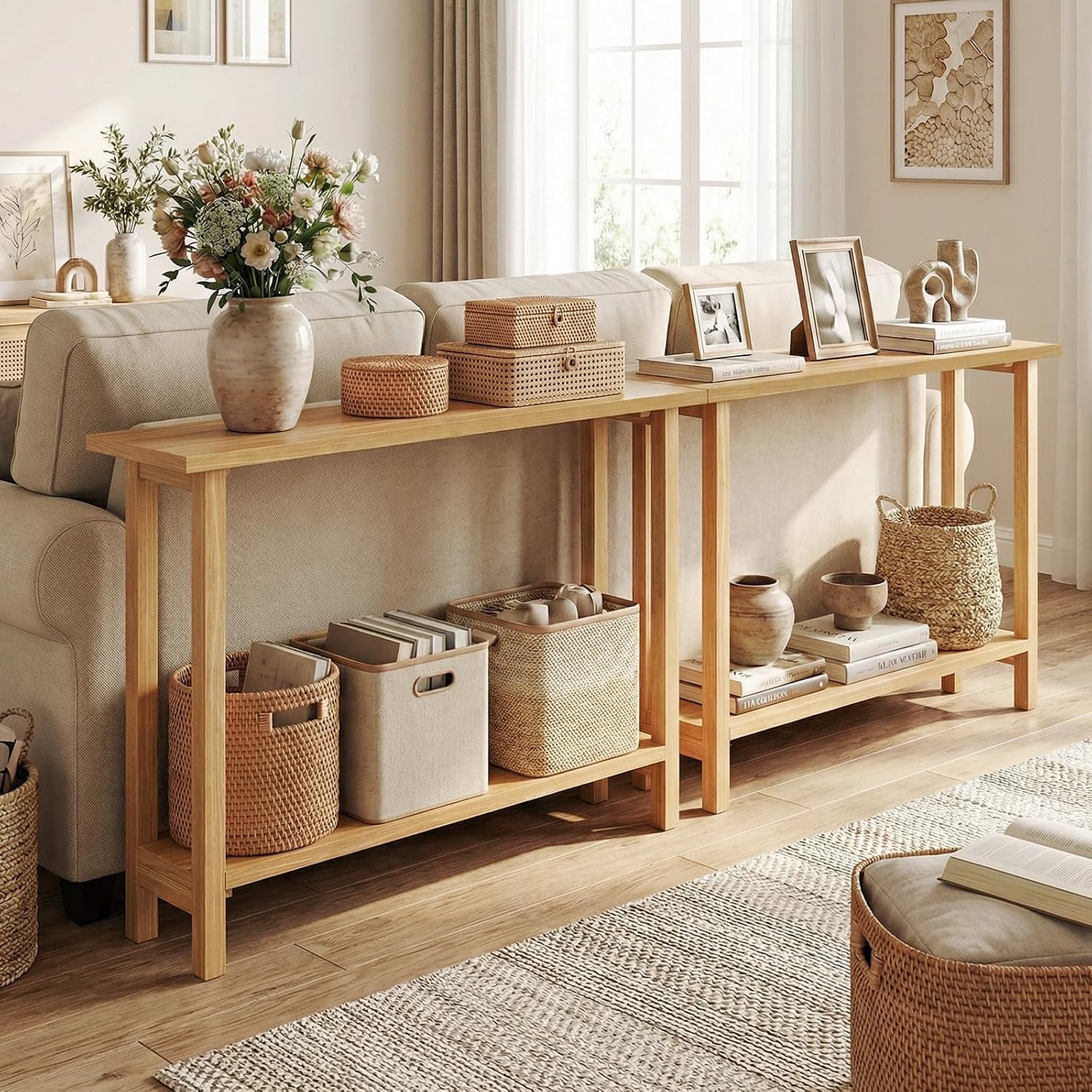 GIANTEX 47" Solid Wood Console Table, 2-Tier Narrow Entryway Table | Rustic Foyer Table w/ Teak Wood Frame and Storage Shelf, Farmhouse Sofa Table Behind Couch for Living Room (47" x 12" x 32")