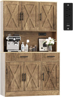Vongrasig Farmhouse Pantry Cabinet with Charging Station, Tall Kitchen Pantry with Microwave Stand, Storage Drawers & Shelves, Large Kitchen Hutch for Living Room, Dining Room, Rustic Brown