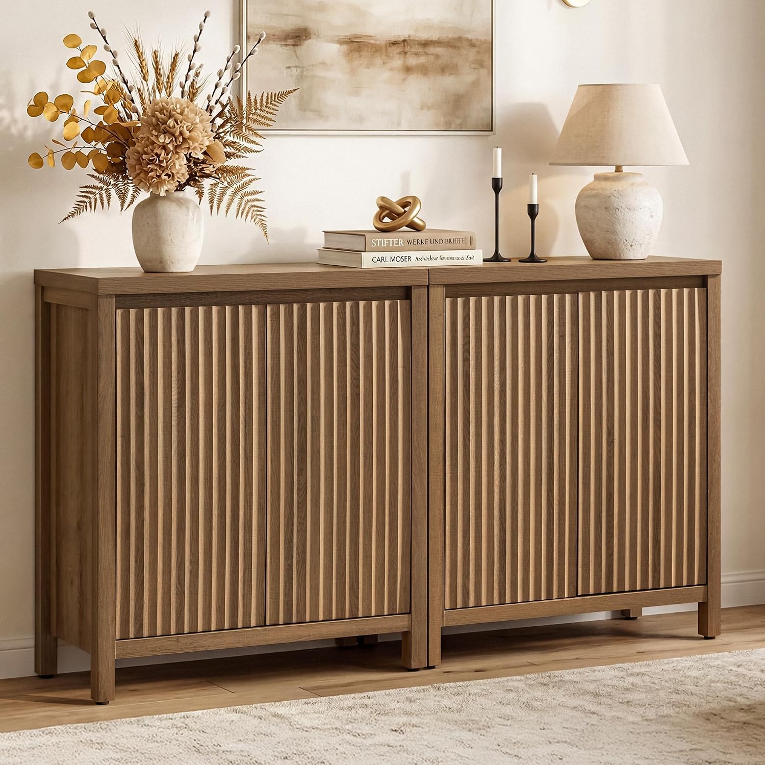 SICOTAS Sideboard Buffet Cabinet with Storage, Fluted Credenza Console Cabinet with Adjustable Shelves, Farmhouse Coffee Bar Storage Cabinets for Kitchen, Living Room, Entryway, Caramel Oak, 2 PCS