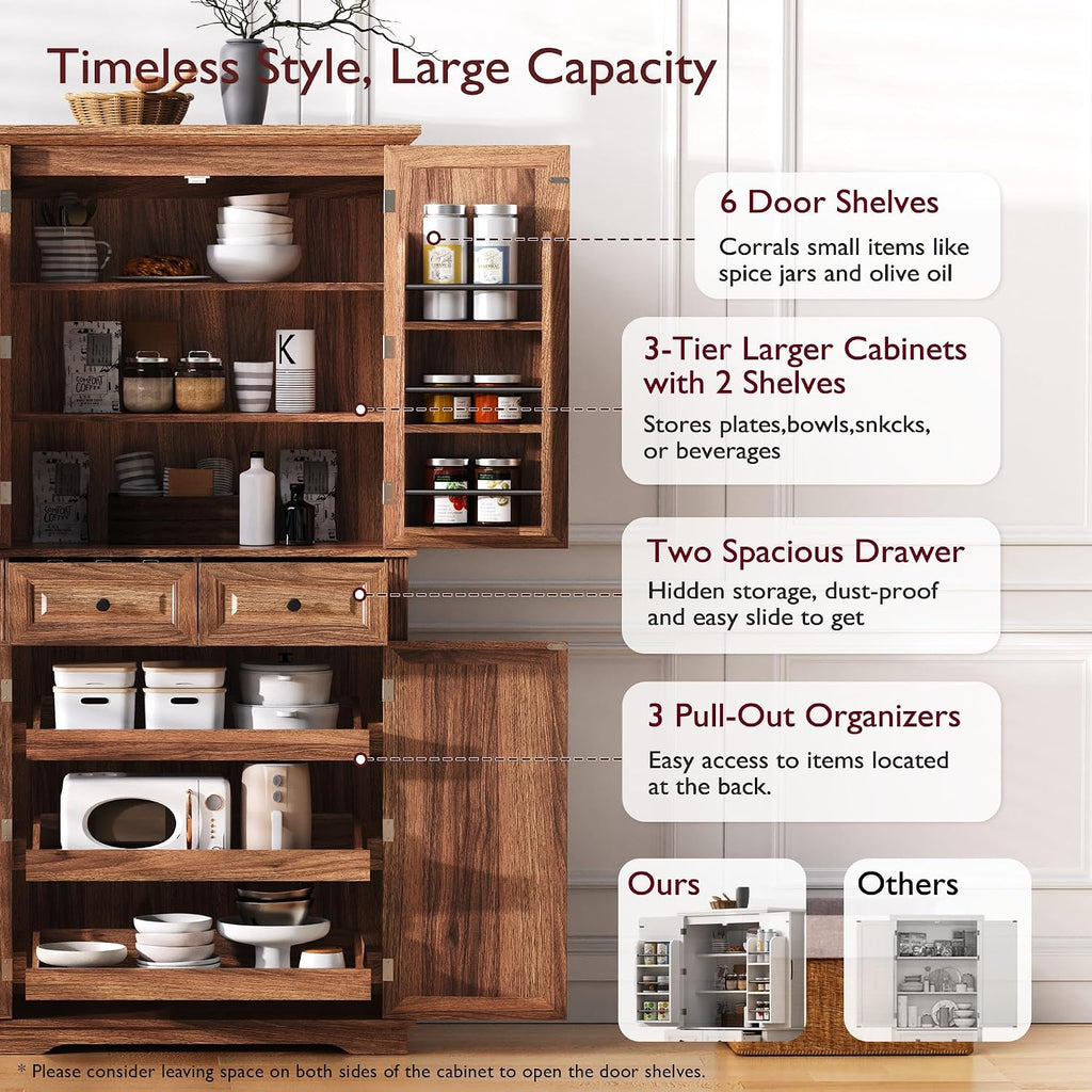 Polibi 71.2" Tall Kitchen Pantry Hutch with 3 Pull Out Cabinet Organizers,Farmhouse Embossed Texture Storage Cabinet with 6 Door Shelves,2 Drawers,Freestanding Cupboard for Kitchen, Dining Room,Brown