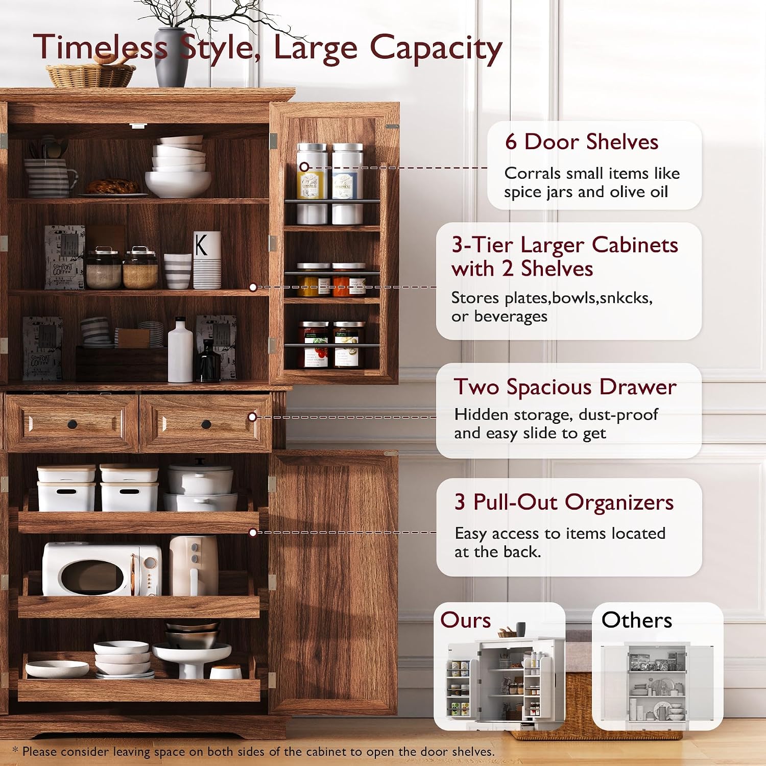 Polibi 71.2" Tall Kitchen Pantry Hutch with 3 Pull Out Cabinet Organizers,Farmhouse Embossed Texture Storage Cabinet with 6 Door Shelves,2 Drawers,Freestanding Cupboard for Kitchen, Dining Room,Brown