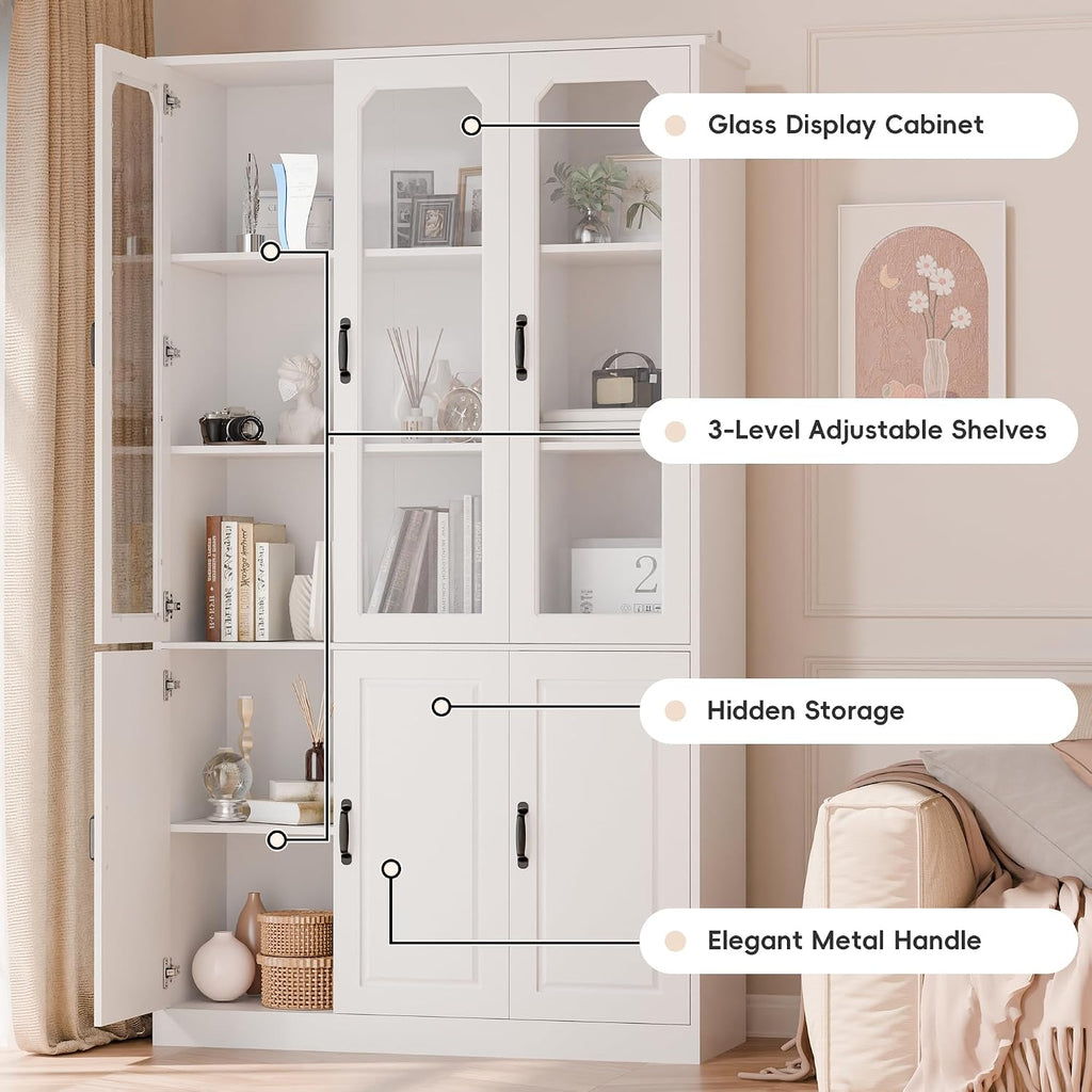 MU 78.7" Tall Kitchen Pantry with 3 Glass Doors, Freestanding China Cabinet with Adjustable Shelves, Large Kitchen Pantry Storage Cabinet Cupboard for Dining Room, Living Room, White (X-Large, 46" W)