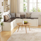 L Shaped Bench with Storage, 63" Breakfast Nook Benches, Kitchen Corner Dining Bench Seating for Entryway Dining Room, Kitchen, Walnut and White