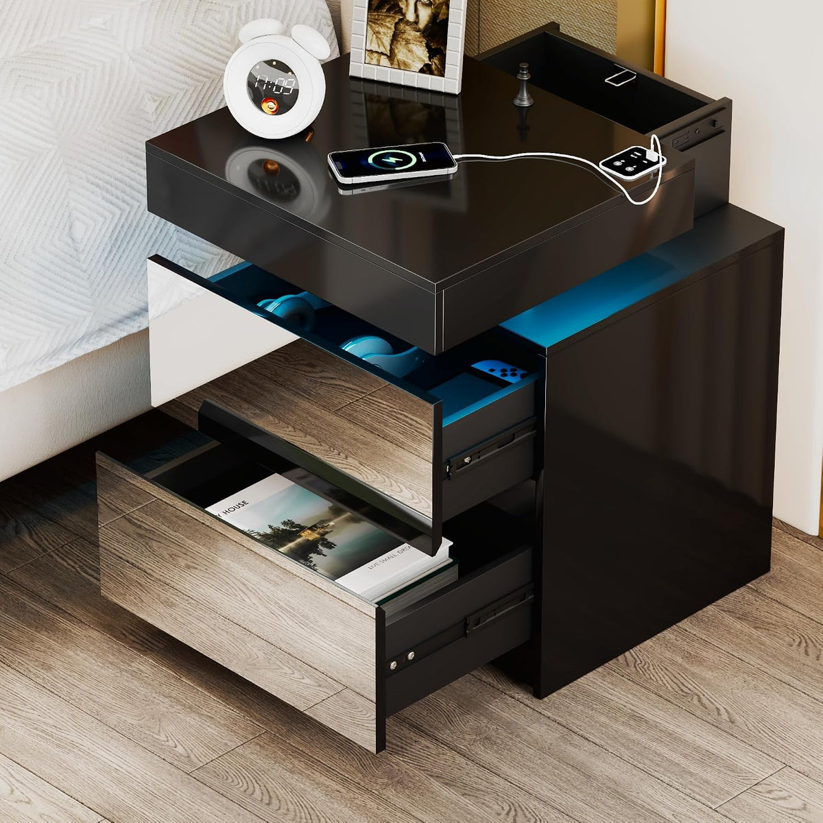 LED Nightstand - Bedside Table with Charging Station and 2 Mirrored Drawers Sliding Top with Magnetic Lock - Modern Night Stand for Bedroom & Living Room - Black