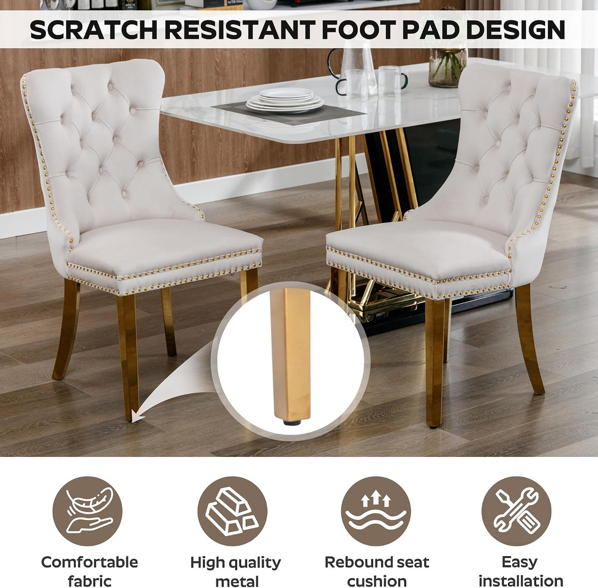 5-Piece Dining Table Set with 39In Tempered Glass Table and 4 Velvet Upholstered Chairs, Modern Scandinavian Furniture for Dining Room Kitchen(Beige&Gold)