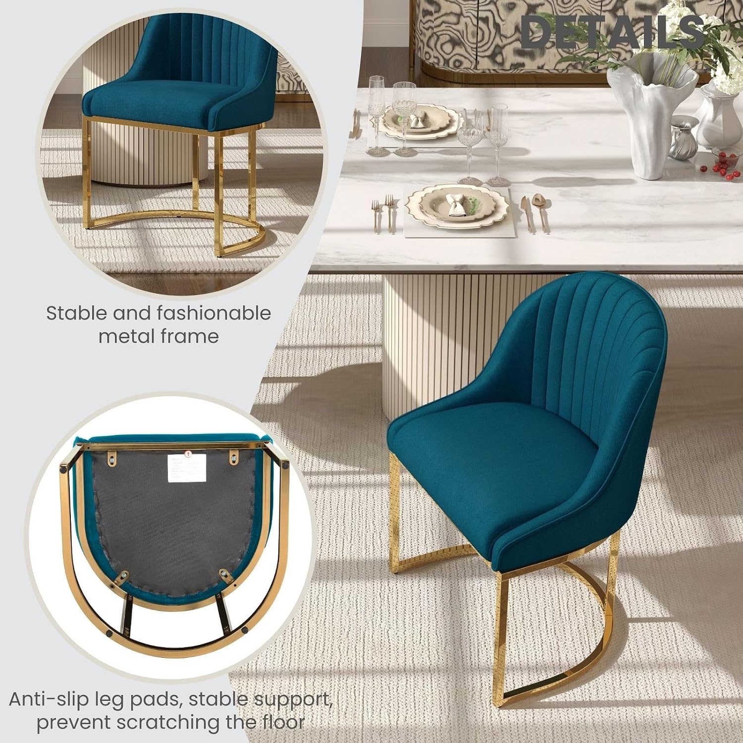 Velvet Dining Chairs Set of 4, Modern Dinning Room Chairs with Golden Metal Frame & Legs, Upholstered Kitchen Chair Armless Accent Side Chairs for Living Room/Kitchen/Dining Room, Teal Blue