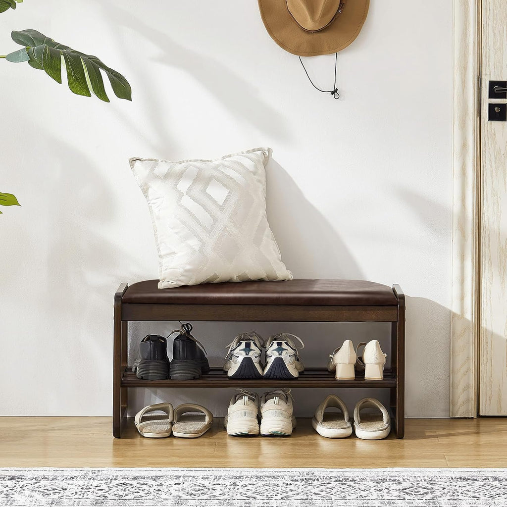 Achicsofar Shoe Rack Bench,2 Tier Solid Wooden Entryway Bench with Shoe Storage, Shoe Rack with Cushion for Living Room, Hallway(Brown, 31.5")