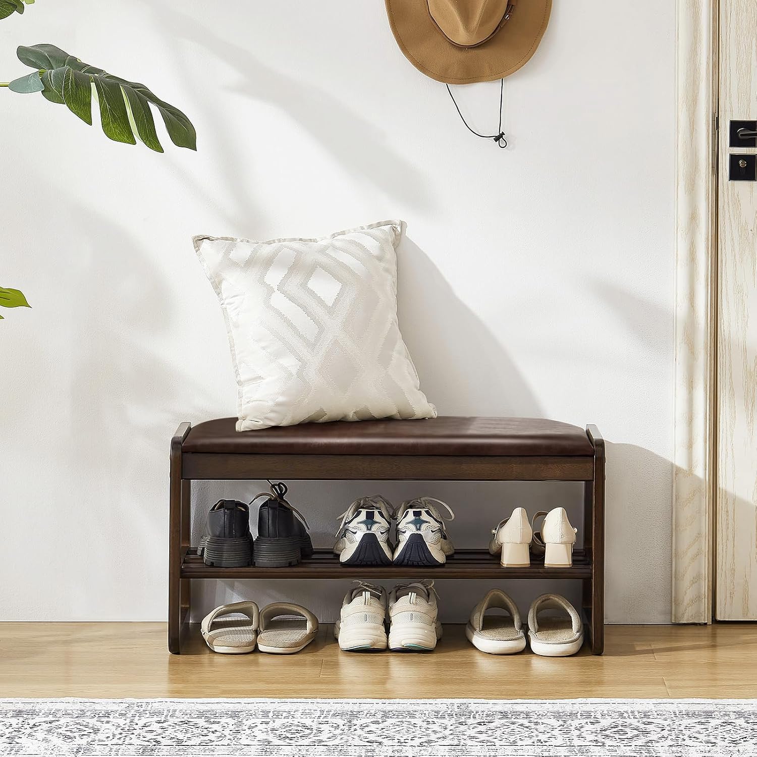 Achicsofar Shoe Rack Bench,2 Tier Solid Wooden Entryway Bench with Shoe Storage, Shoe Rack with Cushion for Living Room, Hallway(Brown, 31.5")