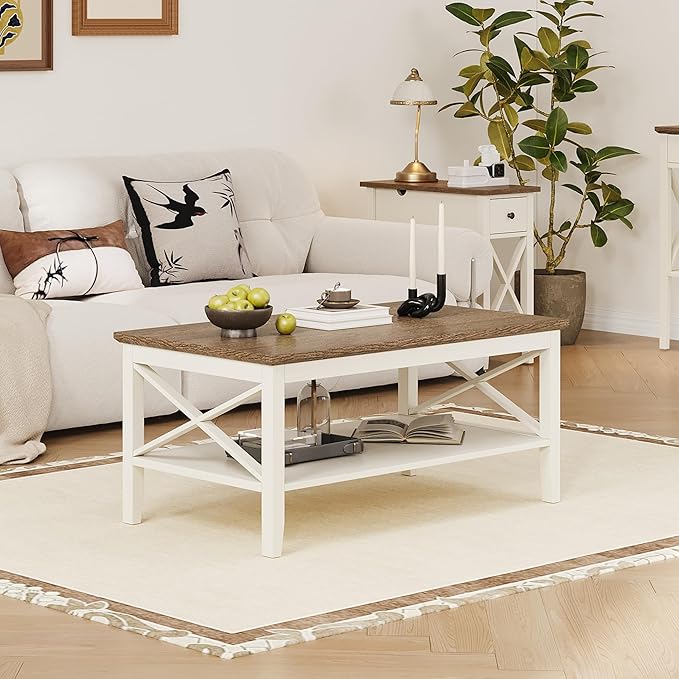 ChooChoo Farmhouse Coffee Table, Wooden Coffee Tables with Thicker Legs, White Coffee Table with Storage for Living Room