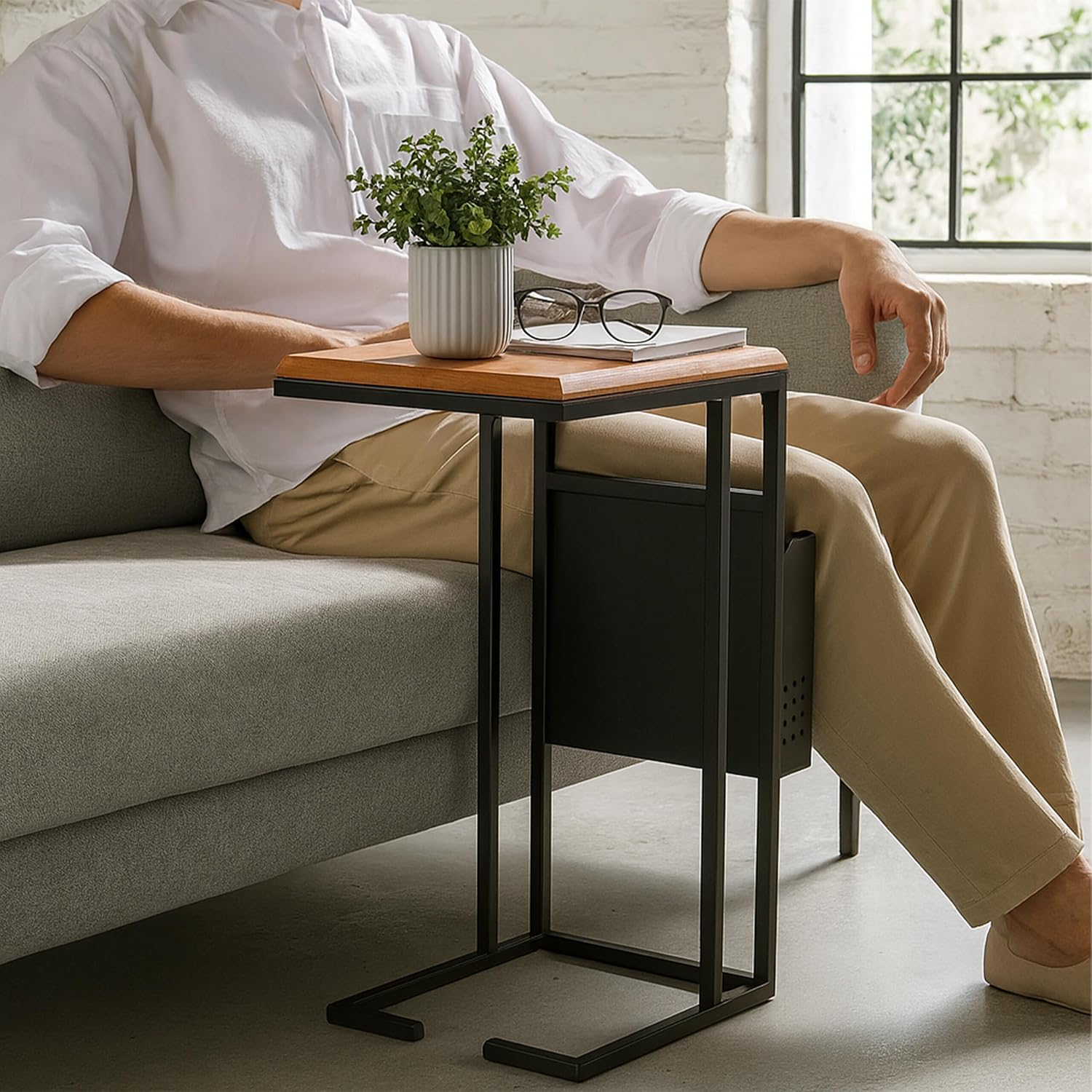 Relaxdays side table with magazine holder, HWD: 63x30x37 cm, wood, metal, C-shape, industrial design, brown/black