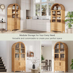 71" Tall Arched Kitchen Pantry Cabinet, Farmhouse Freestanding Storage Cupboard with Glass Door, Open & Adjustable Shelves, Door Shelves and Hidden Drawer,Cabinet for Kitchen Dining Room,Natural