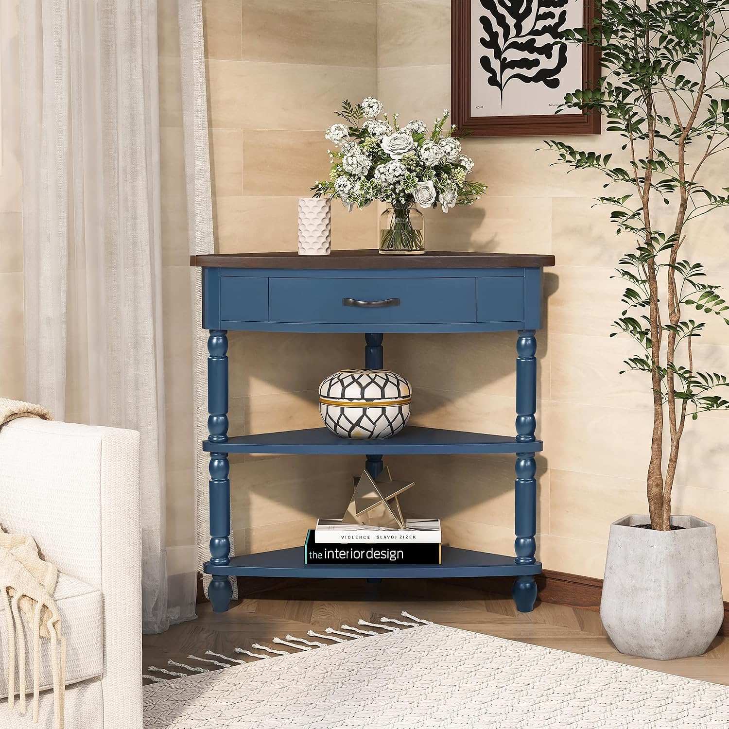 33.8'' Small Triangle Corner Table,3 Tier End Table with Open Shelf and Solid Wood Legs,Wood Corner Side Table with 1 Storage Drawer for Bedroom,Living Room,Small Spaces (Navy Blue-14)