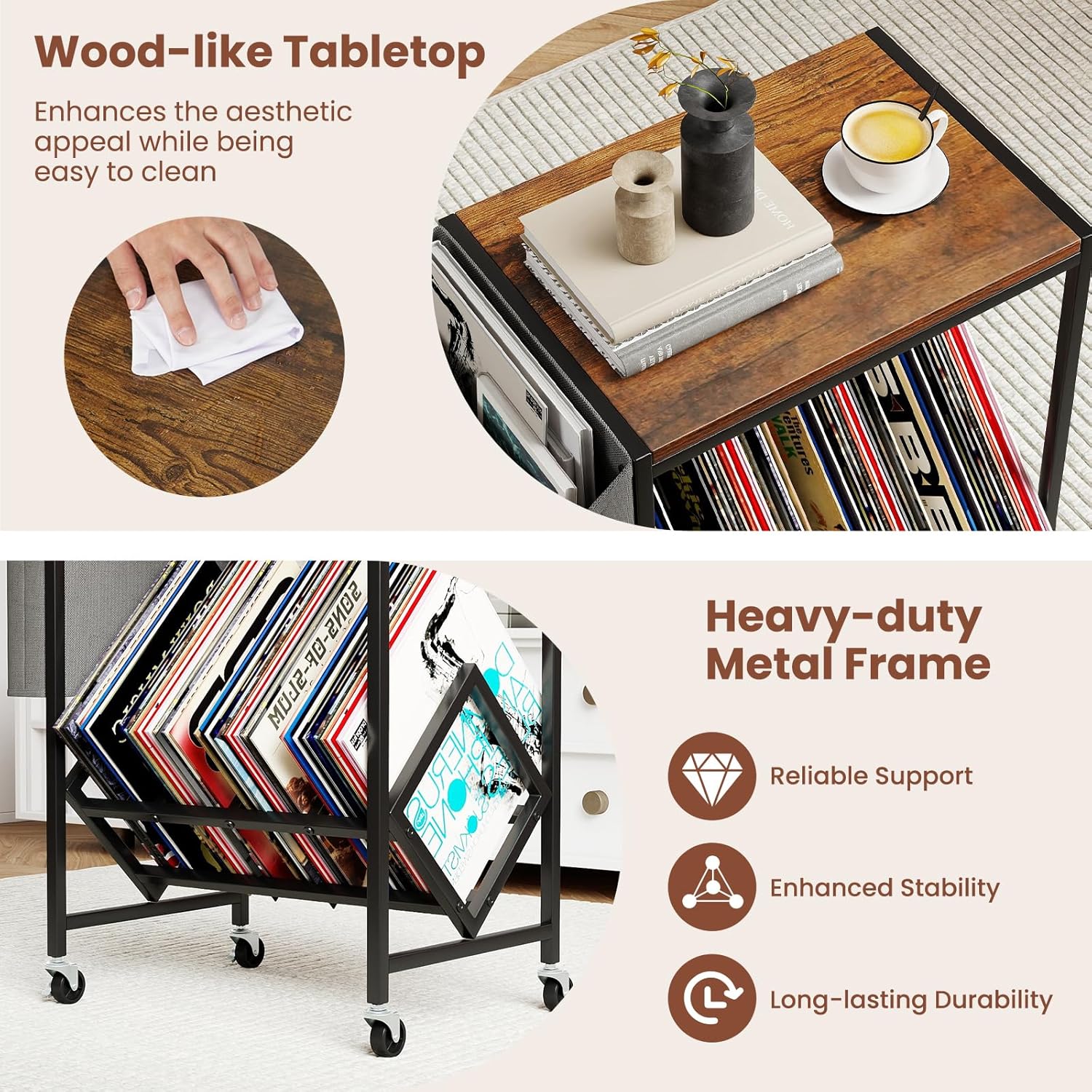 Giantex Record Player Stand, Rolling 2-Tier Turntable Stand with Storage Shelf Up to 130 Albums, Record Player Table w/Metal Frame & Magazine Holder, Vinyl Record Storage for Living Room, Black