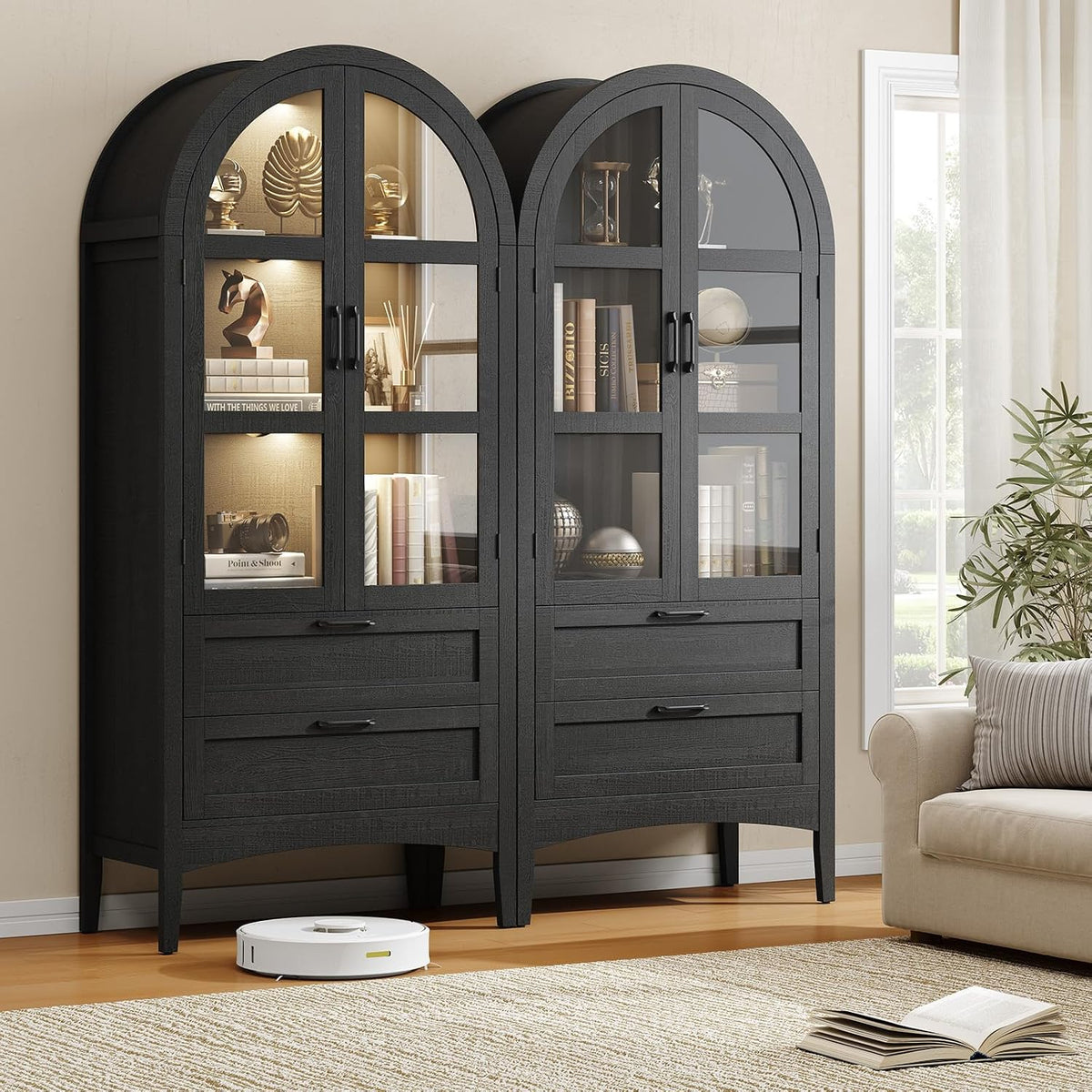 ONBRILL 71" Tall Arched Display Cabinet with LED Lights, Arched Kitchen Pantry with 2 Drawers, Modern Display Storage Cabinets with Adjustable Feet, Pantry Cabinet for Kitchen, Living/Dining Room