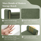 52" Storage Ottoman Bench, Teddy Upholstered End of Bed Bench with Pull-Ring, Storage Bench with Armrest, Window Bench Sturdy with Safety Hinge,Entryway Bench for Bedroom(Olive Green)