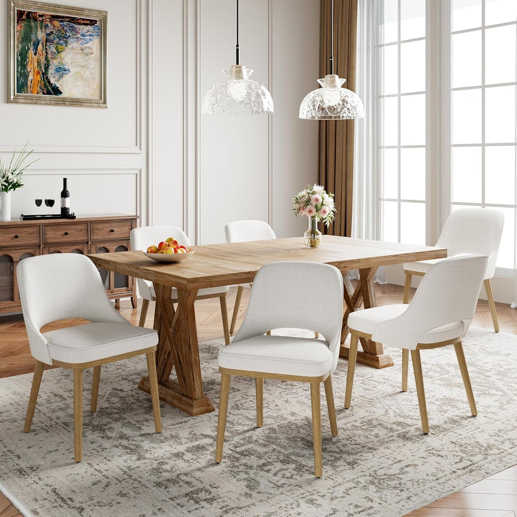 Modern Upholstered Dining Chairs Set of 6, Open Back with Solid Wood Legs, Ergonomic Curved Back Fabric Kitchen Chairs for Dining Room & Kitchen, Living Room Side Chairs, Farmhouse, Beige
