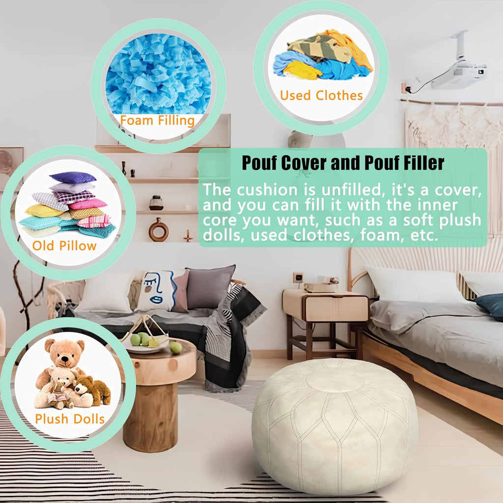 Thgonwid Unstuffed Moroccan Faux Leather Pouf Ottoman Cover with Storage - Boho Chic Multi-Use Footrest for Living Room, Bedroom, Patio - Round Ethnic Floor Cushion & Decorative Accent, Ivory