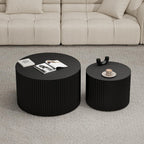 Round Wood Coffee Table Set of 2 Modern Round Fluted Nesting Coffee Tables Handcrafted Wooden Circle Nesting Table for Living Room for Small Space (Black (D27.56+D19.69 inch))