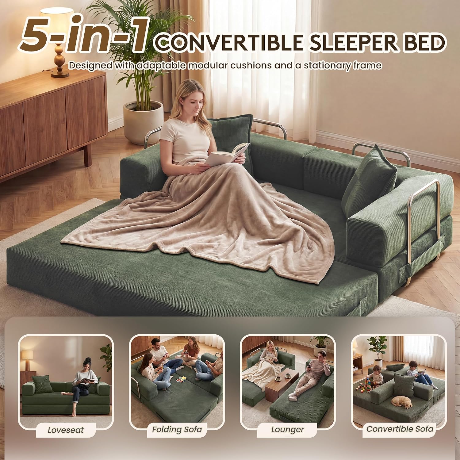 GRUSIGN 78 Inch Convertible Sofa Bed, 5-in-1 Futon Sofa Bed Pull Out Couch, Couch Bed for Living Room, Corduroy Couches for Bedroom, Apartment, No Assembly Sleeper Sofa Bed, Green