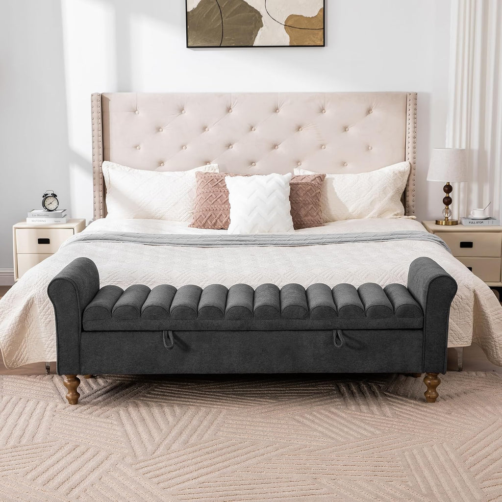 65" Bench with Storage, End of Bed Bench with Rolled Arms, Upholstered Bedroom Bench with Storages, Storage Ottoman Bench for Bedroom, Living Room, Entryway, Hallway, Dormitory, Foot Rest, Charcoal