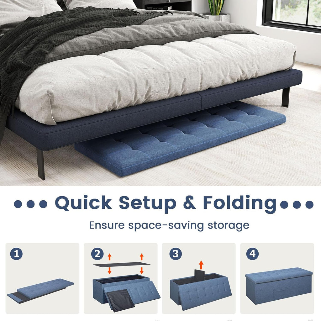 Giantex 43 Inches Folding Storage Ottoman Bench, Upholstered Storage Chest with Side Pocket, Divider, End of Bed Bench, Collapsible Ottoman Foot Rest for Living Room, Bedroom & Entryway (Navy)