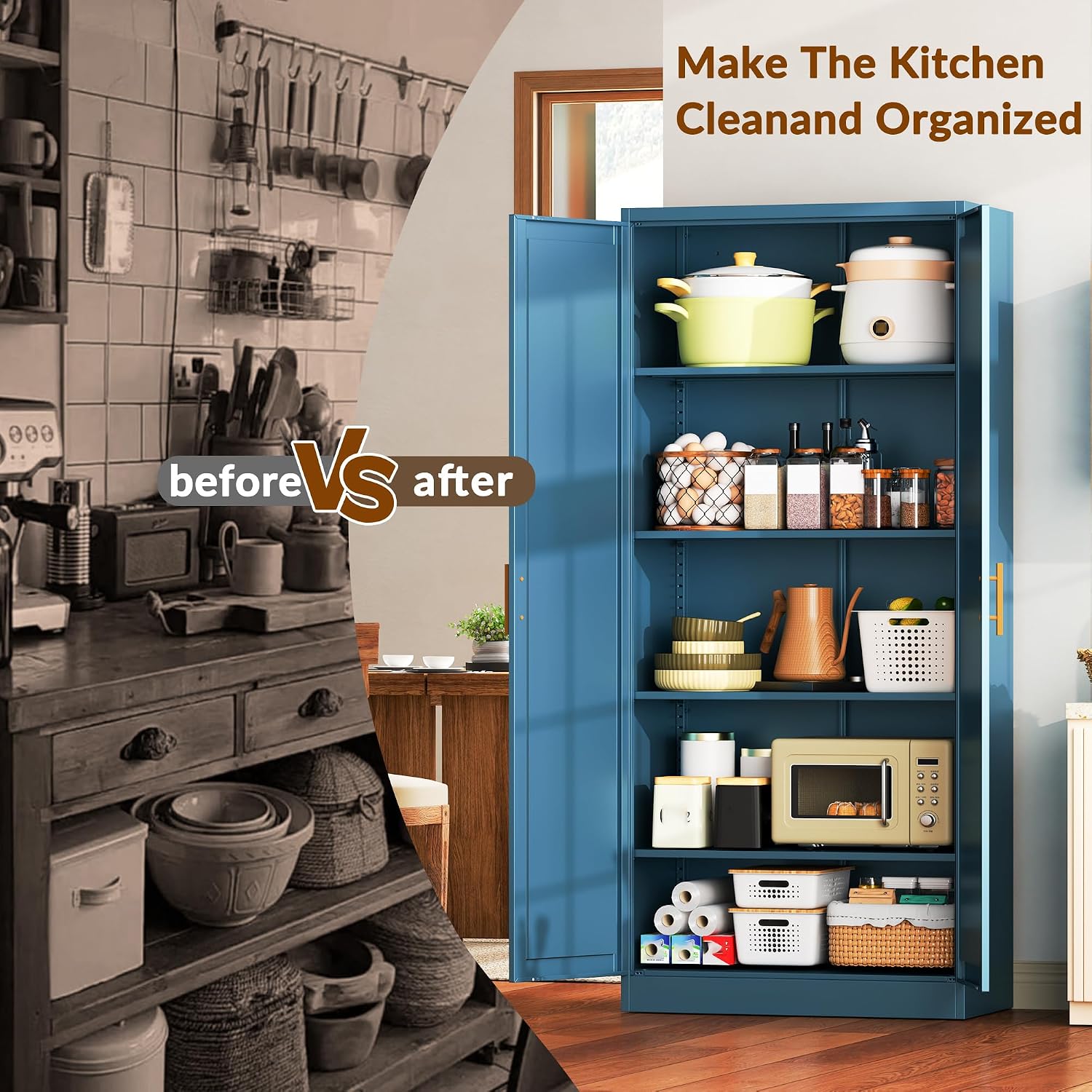 CJF Blue Kitchen Pantry Cabinet,71 Inch Tall Metal Storage Cabinet with 4 Adjustable Shelves and Doors, Freestanding Pantry Cabinet for Kitchen, Living Room, Dining Room, Bathroom, Easy to Assemble