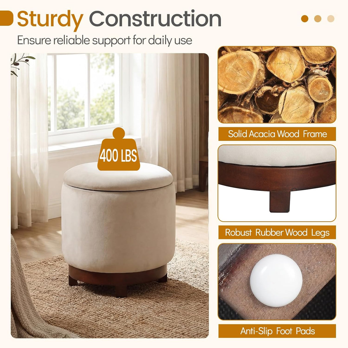 GIANTEX Round Ottoman with Storage, 360° Swivel Velvet Vanity Stool with Removable Lid, Wood Frame & Legs, Ottoman Foot Rest for Living Room, Bedroom, Makeup Room No Assembly (White & Walnut)