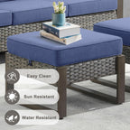 Belord Outdoor Ottomans for Patio - 250 LBS Weight Capacity Wicker Foot Rest Set of 2 with Woodgrain Lacquered Metal Frame Multipurpose Outdoor Foot Stool for Porch Balcony Backyard (Grey/Blue)