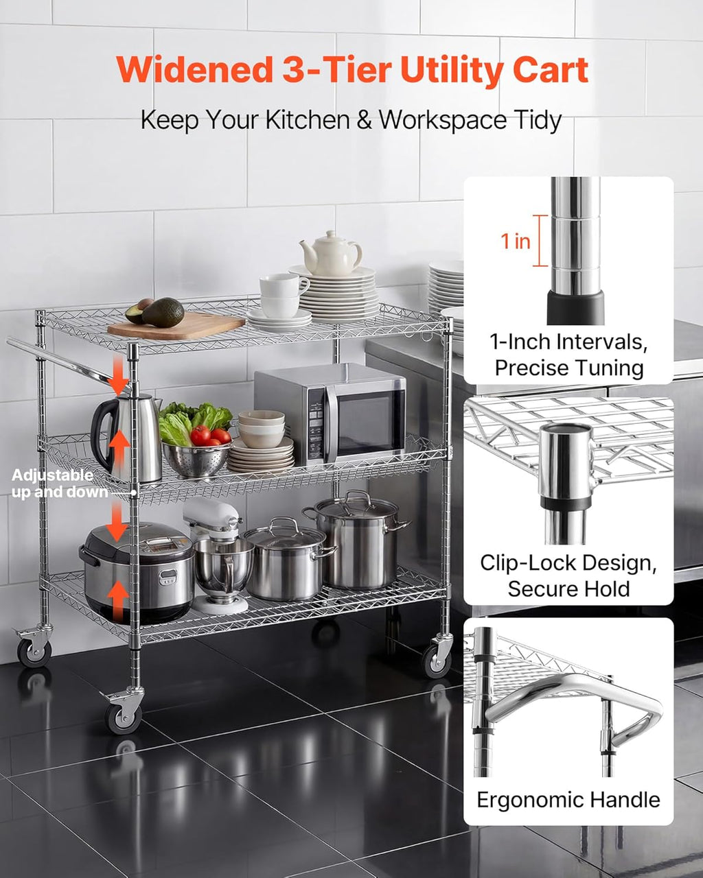 VEVOR Kitchen Utility Cart, 3 Tier Heavy Duty Adjustable Wire Storage Rack, Commercial Steel Rolling Service Trolley on Wheels, Work Table with Handle Bar, for Garage and Laundry Room, 40x25x40.9 in