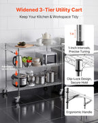 VEVOR Kitchen Utility Cart, 3 Tier Heavy Duty Adjustable Wire Storage Rack, Commercial Steel Rolling Service Trolley on Wheels, Work Table with Handle Bar, for Garage and Laundry Room, 40x25x40.9 in