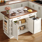 Kitchen Island with Drop Leaf, 47.6" Kitchen Island with Storage | with Power Outlet & Trash Bin Rolling Kitchen Cart with Spice Rack Island Table for Kitchen Breakfast Home Bar, Antique White