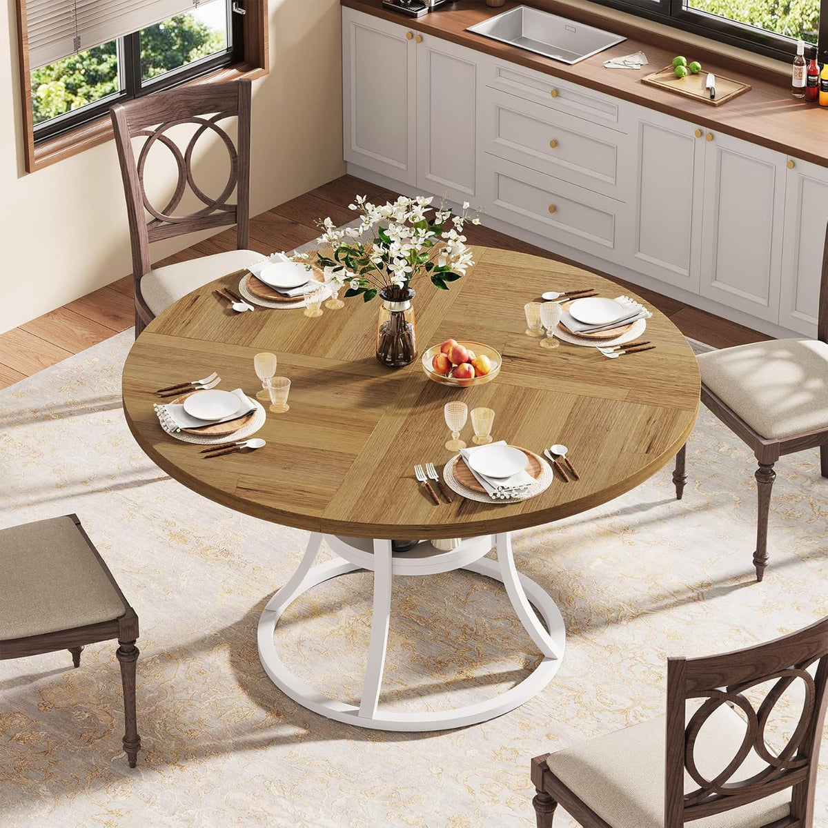 47'' Round Dining Table for 4-6, Farmhouse Dining Room Table with Storage Shelf, Space-Saving Kitchen Table Color-Block Design with Metal Base for Kitchen & Dining Room (Light Brown & White)