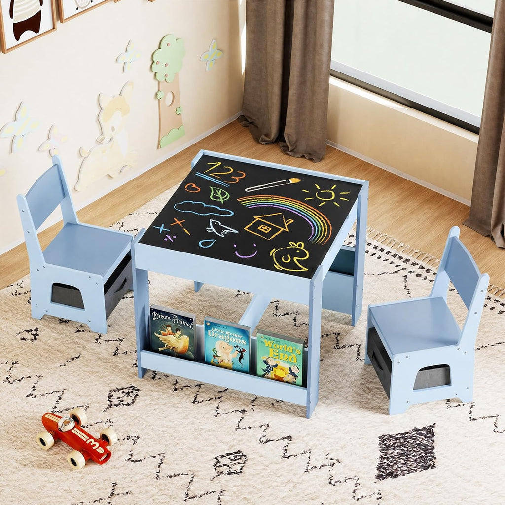 Children's Table with 2 Chairs Wood 3-Piece Furniture Set | Children's furniture set with shelf storage space and 4-in-1 painting table for children from 3 years